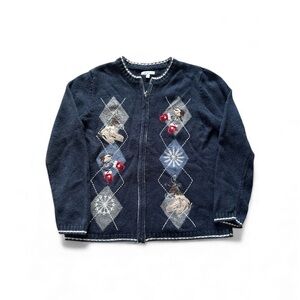 Croft & Barrow Holiday Embroidered Full Zip Sweater Ice Skate Mittens Size M